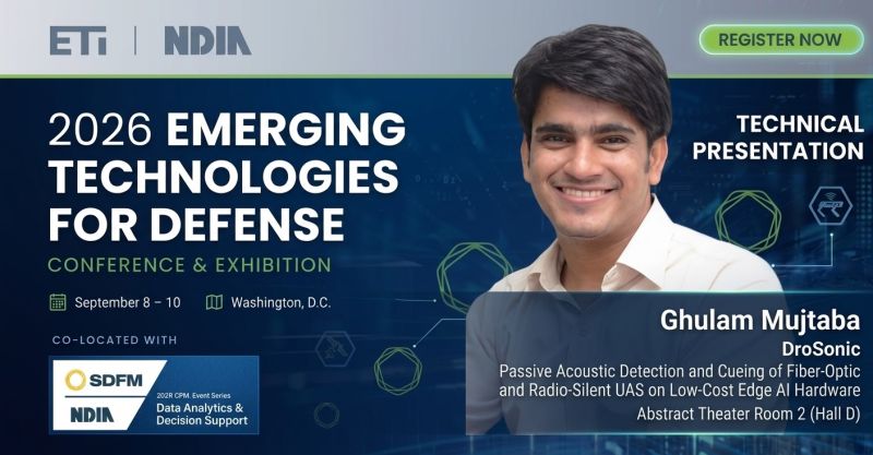 EmergingTechETI 2026 Emerging Technologies for Defense Conference and Exhibition event graphic featuring Ghulam Mujtaba's technical presentation