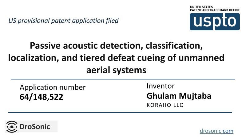 USPTO provisional patent application filing document for DroSonic's passive acoustic detection technology