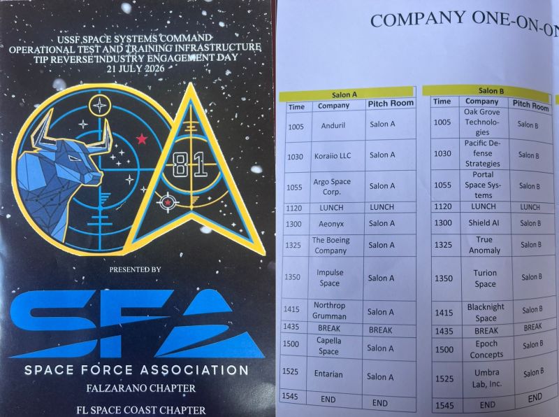 Program schedule for the Space Force Association's Reverse Industry Engagement Day on July 21, 2026, listing Koraiio LLC among pitching companies alongside Anduril, Boeing, and Northrop Grumman